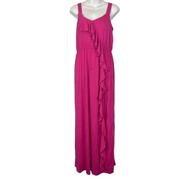 SPENSE Bright Pink Jersey Knit Maxi Sleeveless Ruffle Stretch Casual Dress sz M - Picture 1 of 16
